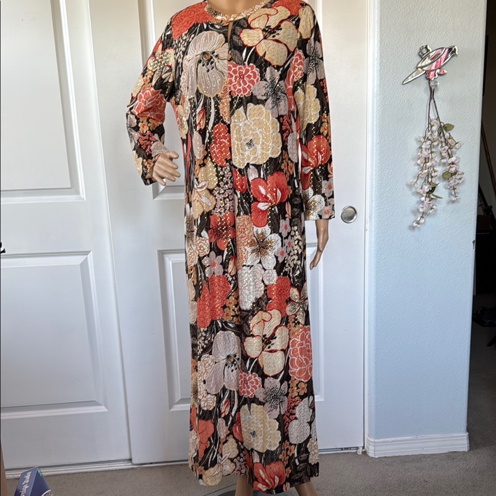 Vintage 60s 80s British Lady Floral Long Sleeve Maxi Dress L